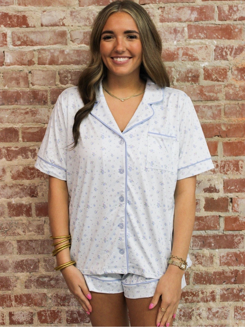 KIMBERLY C Blue Ditsy Print with Contrast Piping Top And Bottom Pajama Set